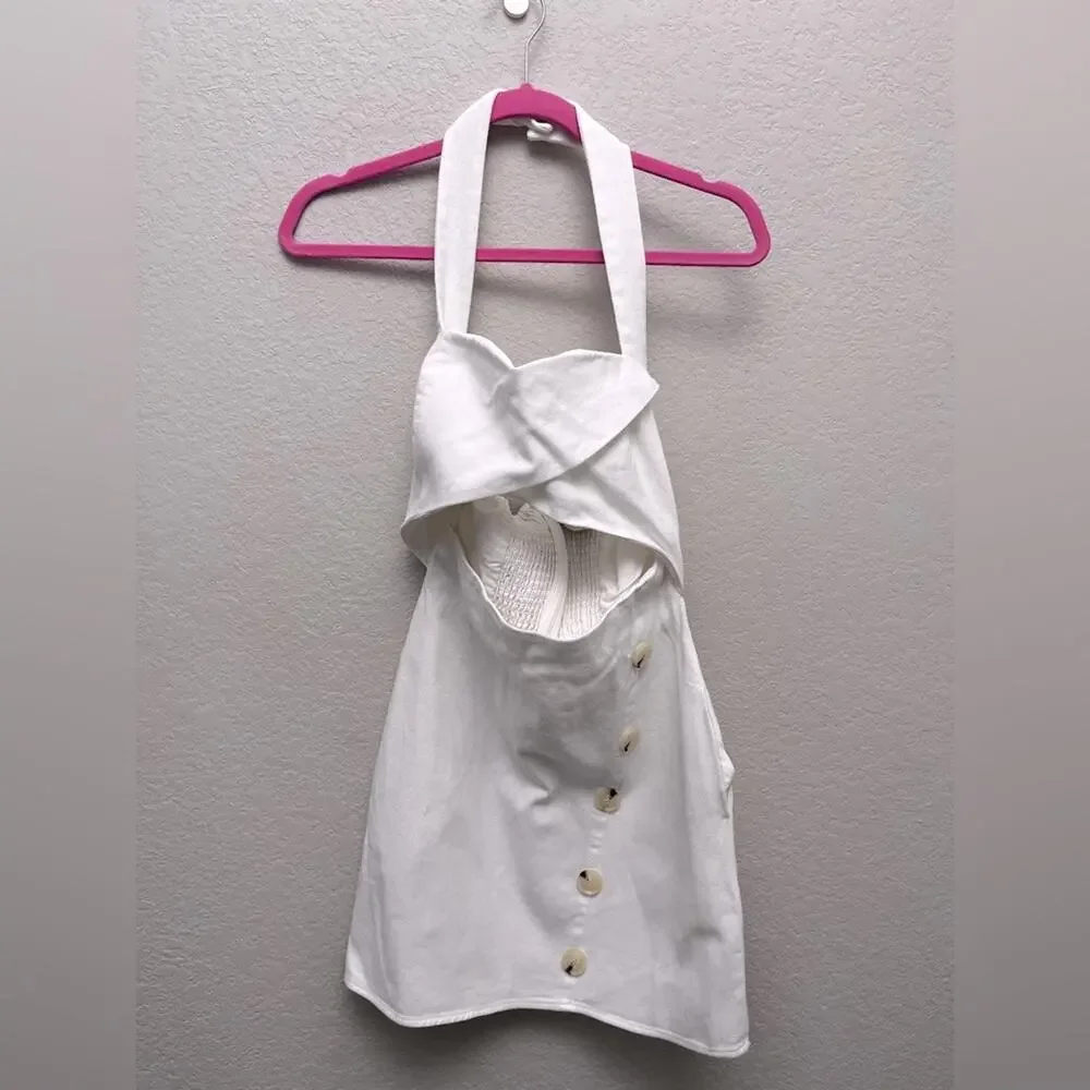 Anthropologie Mare Mare White Denim Halter Mini Dress XS Bridal Resort Coastal - Picture 2 of 6
